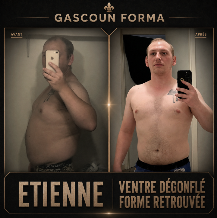 Transformation avant apres de Étienne — Ventre dégonflé, forme retrouvée