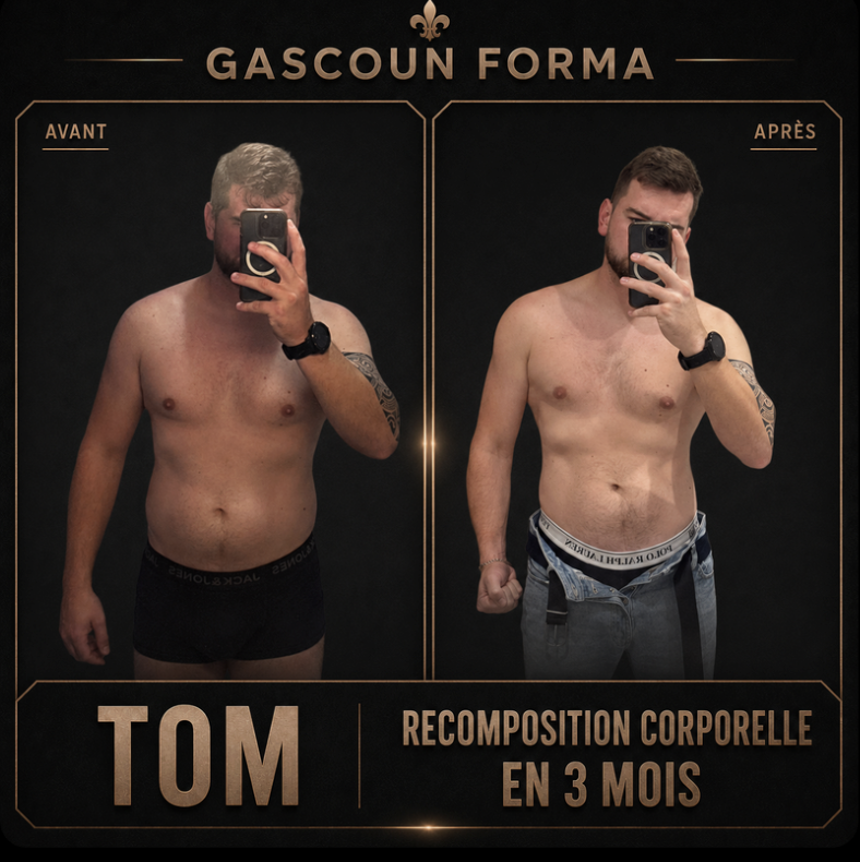 Transformation avant apres de Tom — Recomposition corporelle en 3 mois